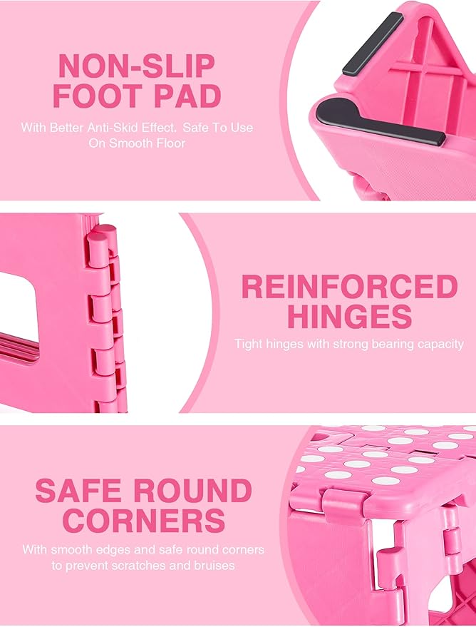 Dyforce Non-Slip Folding Step Stool - 13 inch Height Heavy Duty Foldable Stool for Adults Kids, Plastic Step Stool Camping Stepping Stool - Pink