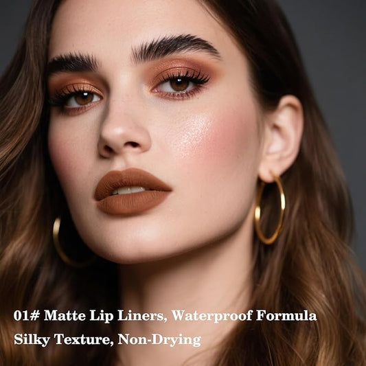 2-in-1 Gradient Brown Lip Liner & Lipstick, Dark Brown Waterproof Long Lasting Matte Lip Liner Pencil, Makeup Smudge proof lip liner with Cone Tip (01#-Warm Brown)