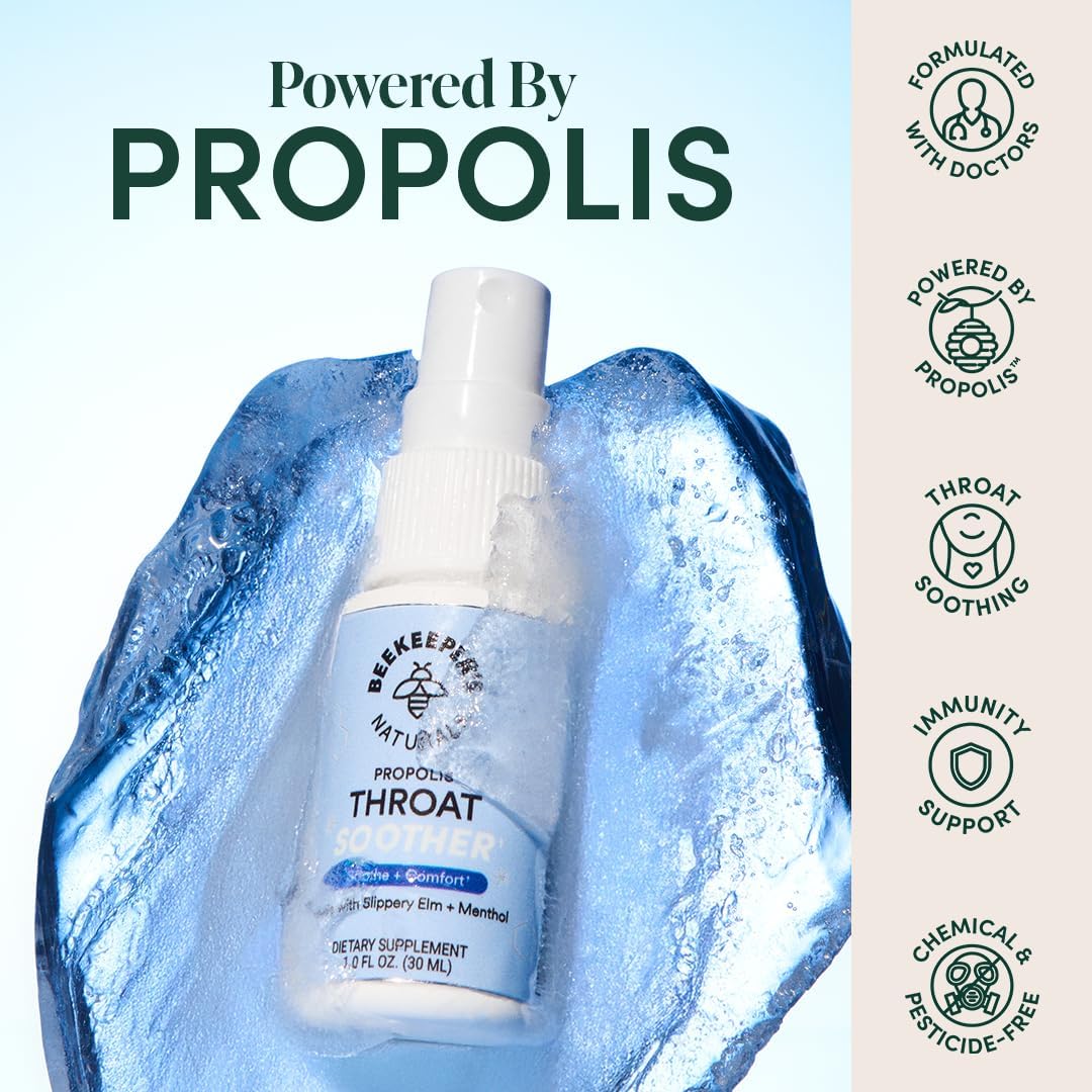 Propolis Throat Soother by Beekeeper's Naturals – Maximum Throat Relief w/ Menthol, Slippery Elm, Bee Propolis Extract – Fast-acting & Cooling Comfort (1.0 oz)(Pack of 1)