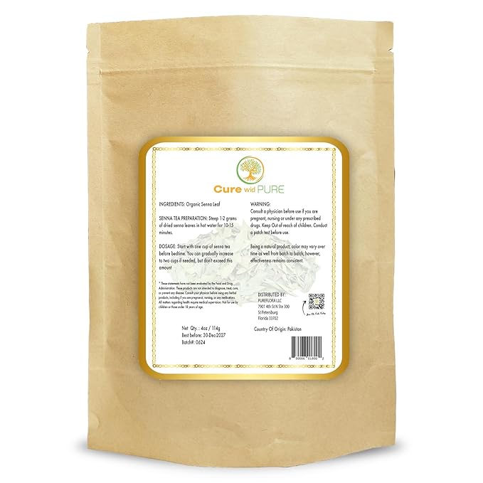 Cure Wid Pure Certified Organic Dried Senna Leaves 4oz Resealable Pack - Non-GMO Organic Senna Tea For Constipation Relief - Senna Leaf Tea To Support Digestion & Regulate Bowel Movements Hojas De Sen