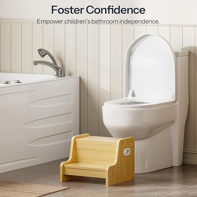 HOOBRO Step Stool for Kids, Two Step Toddler's Stool, Kids Potty Training Stool with Handles, Non-Slip Pads for Safety, Easy to Move, for Sink, Bathroom, Bedroom, Natural NL01JD01