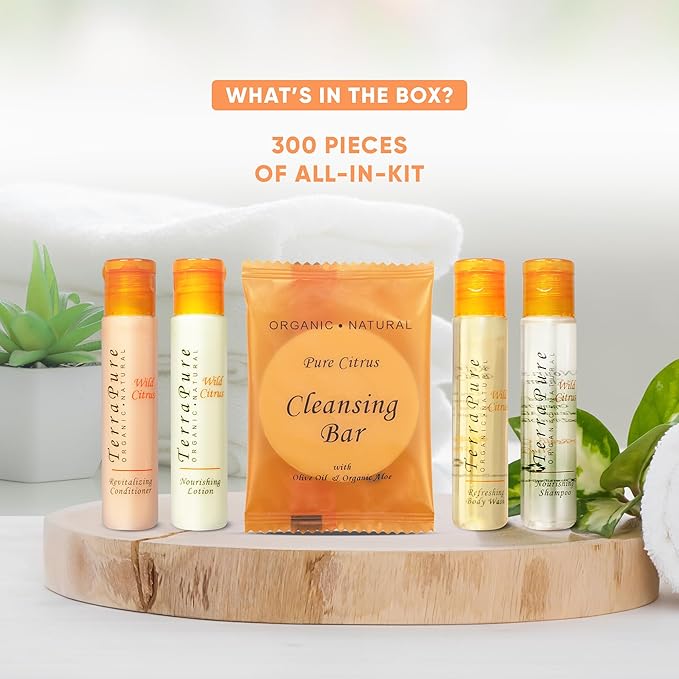 Terra Pure Wild Citrus Hotel Amenities Set | 1-Shoppe Amenities Kit | 1oz Shampoo, Conditioner, Body Wash, Lotion, Bar Soap | Travel Size | 300 Pieces