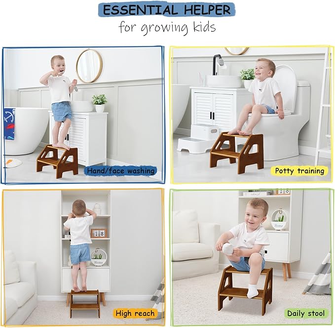 Wooden Toddler Step Stool for Bathroom Sink, Dark Wood Kids Toilet Step Stool for Toddlers Potty Training, Baby Child Stepping Stools with Handle for Kitchen Counter Bedroom Bed (Walnut Brown)