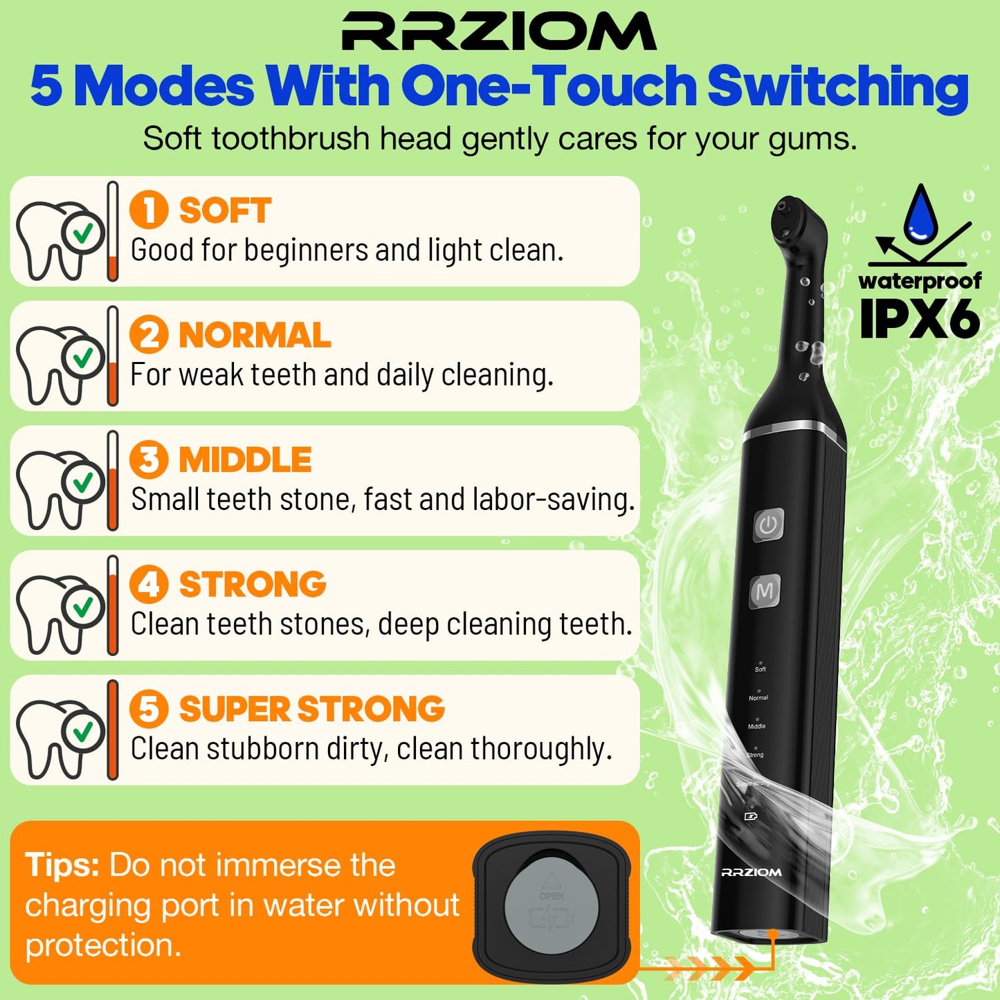 Tooth Polisher, RRZIOM Rechargeable Teeth Polisher for Teeth Whitening and Cleaning Kit, Waterproof Tooth Polish Dental Tools with LED Light, 5 Brush Heads, 5 Speed Modes, Tooth Polishing Kit