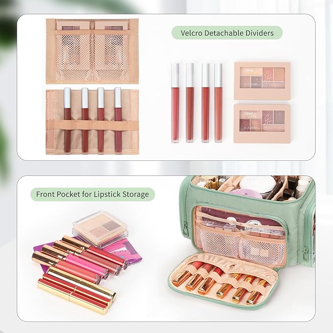 Large Makeup Bag, Portable Travel Makeup Bag Organizer for Women Girls with Makeup Brush Compartment & Two Side Pockets, Cosmetic Travel Bag Vertical Storage Toiletry - Green