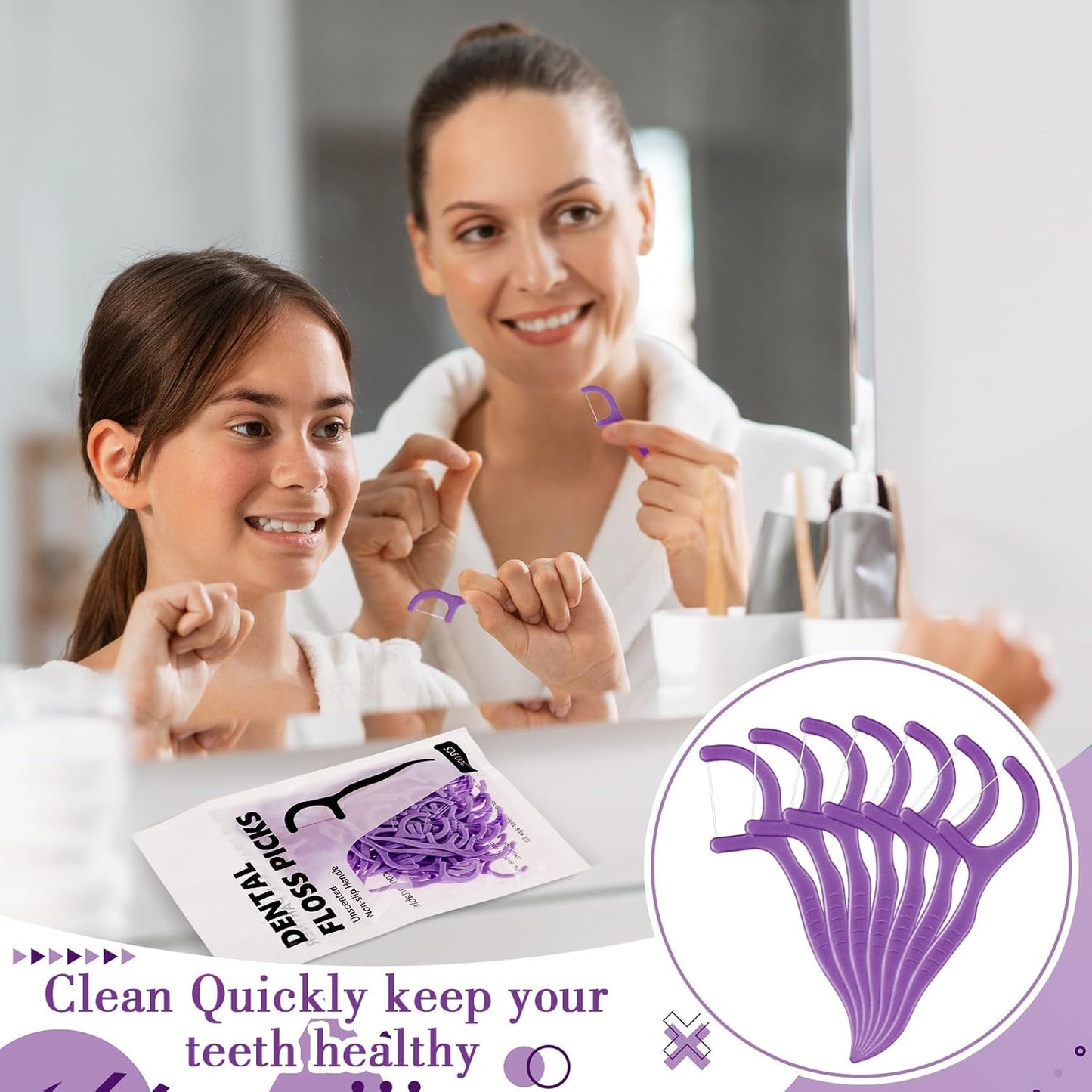 Baderke 200 Count Floss Picks Bulk Non Breakable Tooth Picks Flosser Dental Floss Sticks for Adults Teeth Cleaning Dental Flossers for Family Pack Travel(Dark Purple)