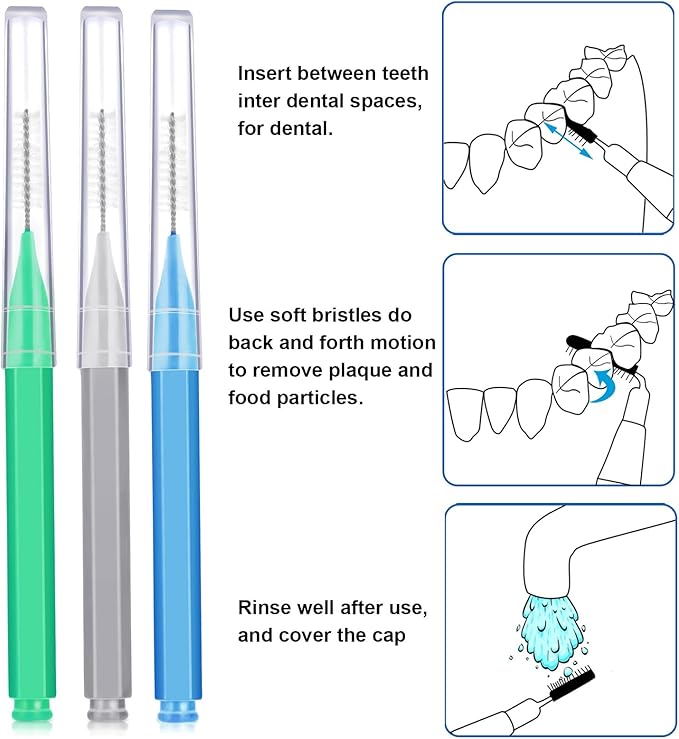 Patelai 100 Pieces Braces Brush for Cleaner Interdental Brush Toothpick Dental Tooth Flossing Head Oral Dental Hygiene Flosser Toothpick Cleaners Tooth Cleaning Tool(Blue, Grey, Green,Various Sizes)