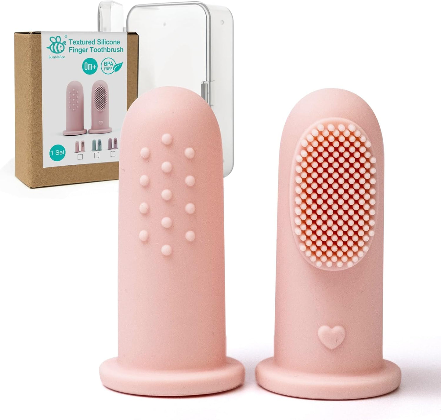 BumbleBee Silicone Baby Finger Toothbrush, Oral Cleaning & Teething Brush for Infants & Toddlers, 0 Months+, 2 Count with Travel Storage Case - Pink