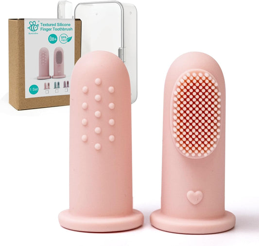 BumbleBee Silicone Baby Finger Toothbrush, Oral Cleaning & Teething Brush for Infants & Toddlers, 0 Months+, 2 Count with Travel Storage Case - Pink