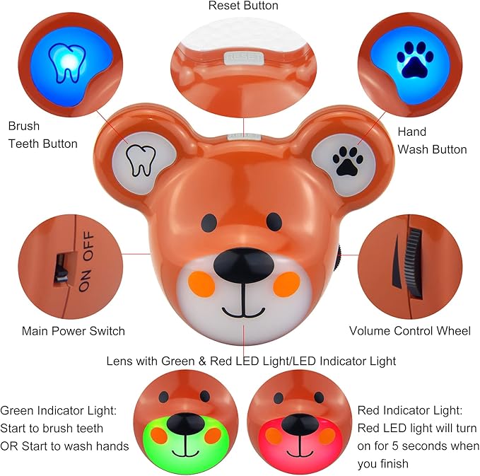 LUXSWAY Cute Animal Toothbrushing Timer for Kids with Musical Volume, 2 Minute Kid for Teeth, 20 Seconds Wash Hand Timer for Kids Training, Rechargeable Colored Led Light Visual Timer- Bear