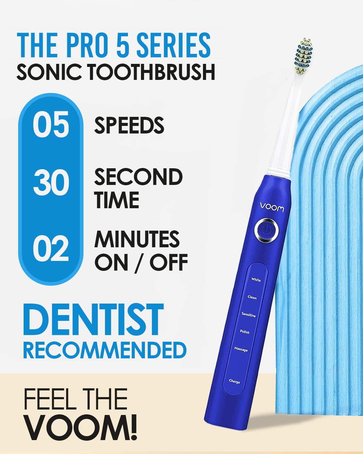 Voom Sonic Pro 5 Series Rechargeable Electronic Toothbrush, Dentist Recommended, Advanced Oral Care, 2 Minute Timer with Quadrant Pacing, 5 Adjustable Speeds, Soft Dupont Nylon Bristles, Blue