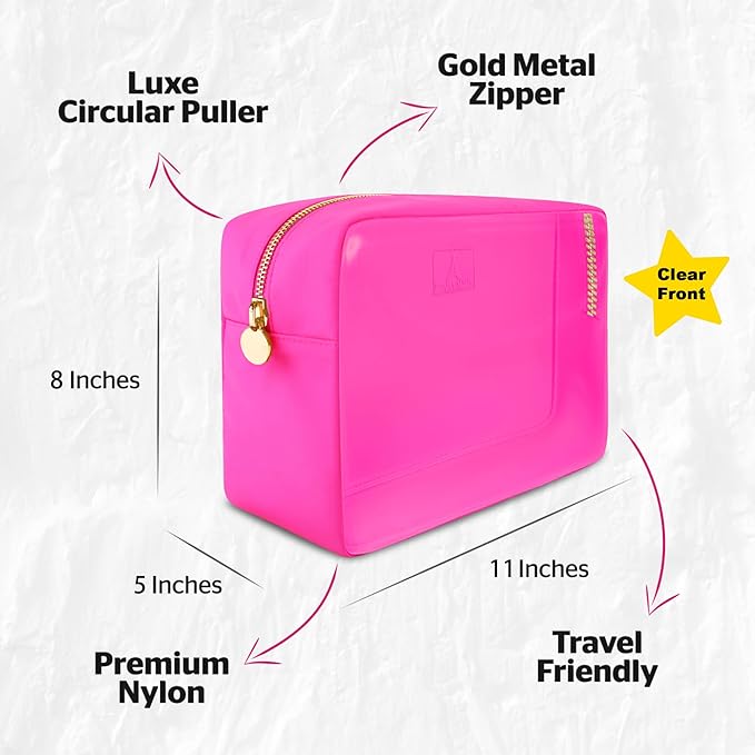DANCOUR Clear Makeup Bag Large Makeup Bag Big Makeup Bag Large Pouch Clear Pouch Large Cosmetic Bag Huge Cosmetic Pouch Clear Cosmetic Bag Travel Case Pouch Travel Cosmetic Case TSA (Large, Hot Pink)