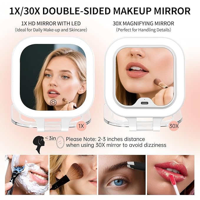 FUNTOUCH Travel Makeup Mirror with Light, 1X/30X Magnifying Mirror with 3 Light Settings & Adjustable Brightness,Rechargeable Folding Compact Double Sides Mirrorwith PU Bag, White