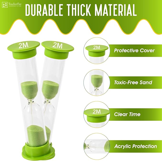 Sand Timer for Kids - 2 Minute Set of 4 Hour Glass - Green Color- Acrylic Covered for Classroom, Home & Kids Room