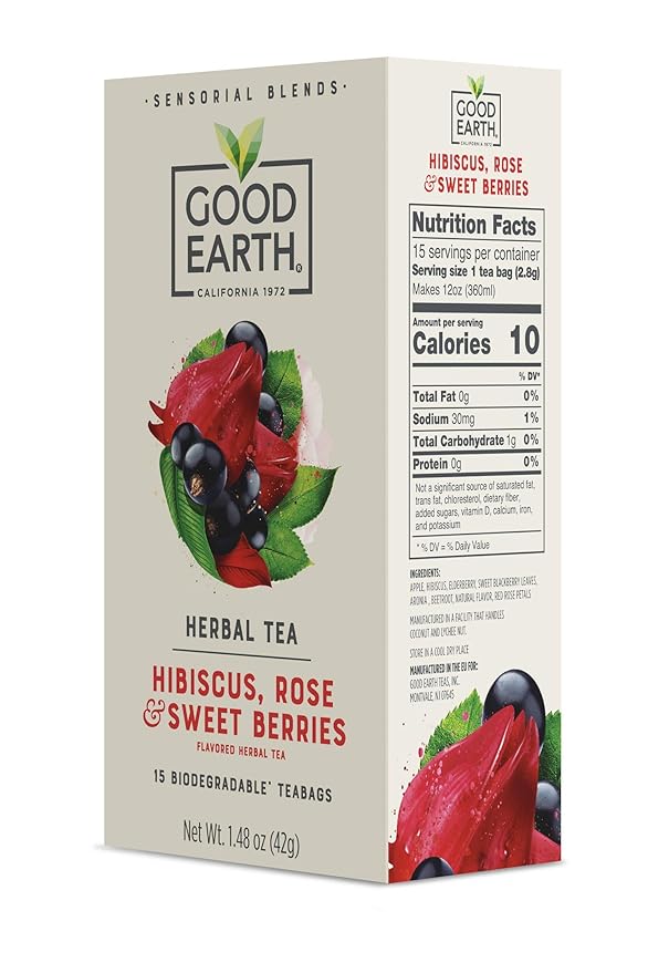 Good Earth Sensorial Blend Flavored Herbal Tea Hibiscus, Rose and Sweet Berries, No Artificial Color, No Preservatives, 15 Bag (Pack of 5)