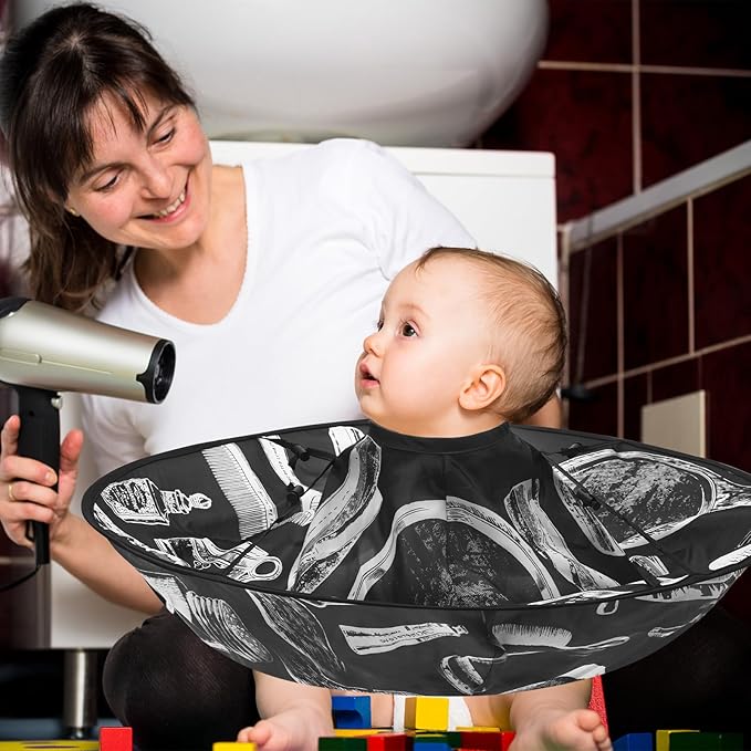 FEBSNOW Hair Cutting Cloak Cape, Black Prints Adjustable Haircut Cape Foldable Umbrella for Adults Kids Home Salon Barber Supplies