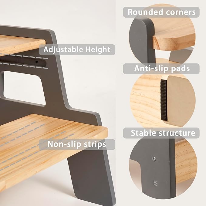 Toddler Step Stool for Kids - Height Adjustable Non-Slip Wooden Step Stool for Bathroom Sink, Kitchen & Potty Training 2-Step - Grey