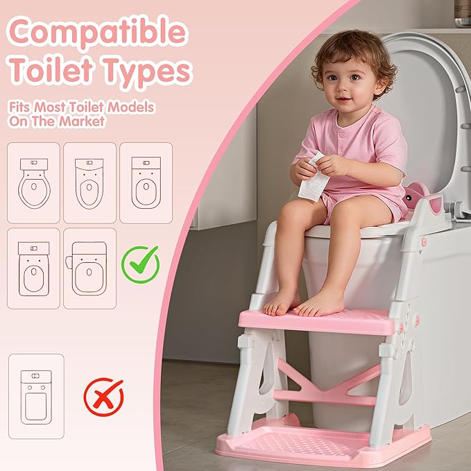 Potty Training Seat, 2 in 1 Potty Training Toilet with Step Stool for Boys Girls, Toddler Toilet Seat with Stabilizer Bar, Anti-Slip Pads and Splash Guard, Pink