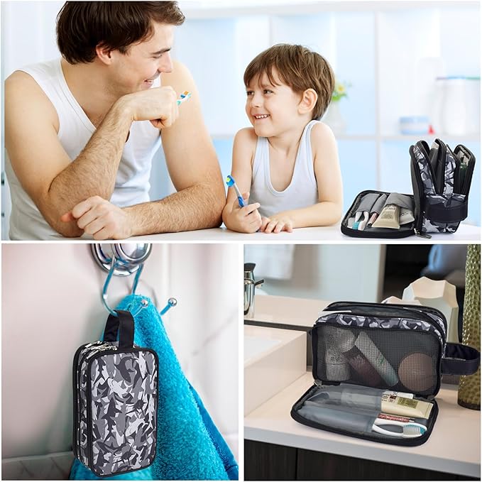 Kids Toiletry Bag for Boys, Travel Toiletry Bag for Little Young Boys Waterproof Hanging Wash Bag Toddler Traveling Toiletries, Shark Black