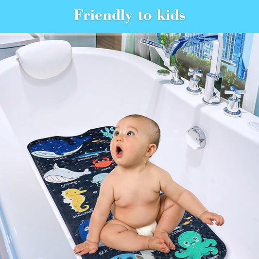 Bath Mat for Tub Non Slip, Machine Washable Anti-Slip Cartoon Baby Bathtub Shower Mat with Drain Holes and Suction Cups for Toddler & Kids, 40 Inch x 16 Inch, Navy Sea Animals