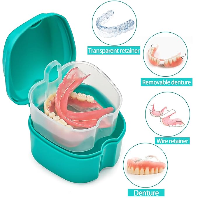 2 Pack Partial Denture Bath Case Retainer Cleaning Case Travel, Denture Storage Container False Teeth Case Denture Cups for Soaking Full Dentures, Braces, Mouth Guard - Lake Green & White
