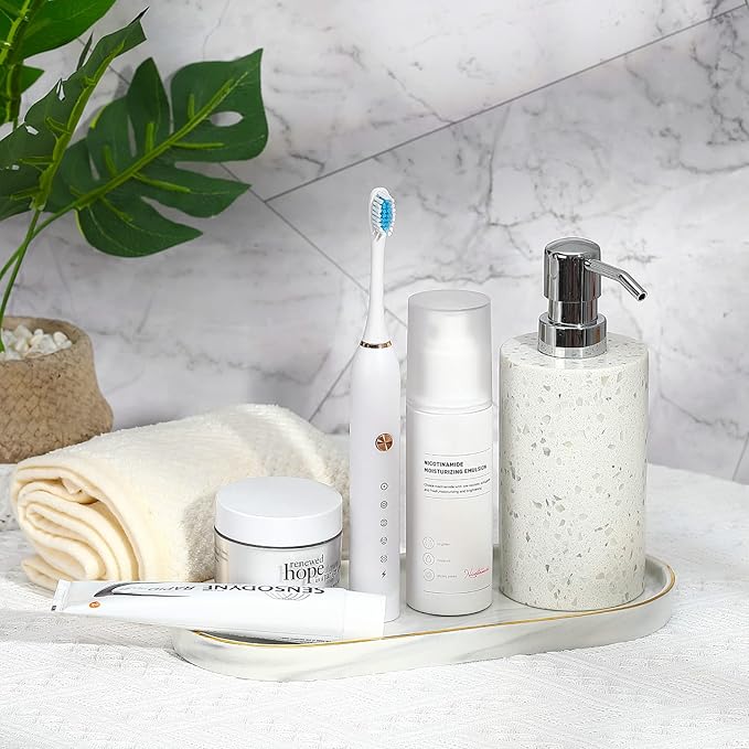 Luxspire Bathroom Vanity Tray, Marble Ceramic Dresser Jewelry Dish with Golden Rim, Decorative Tray Countertop Sink Storage Holder Organizer for Soap Candles Perfume Comestic Home Decor, Marble White