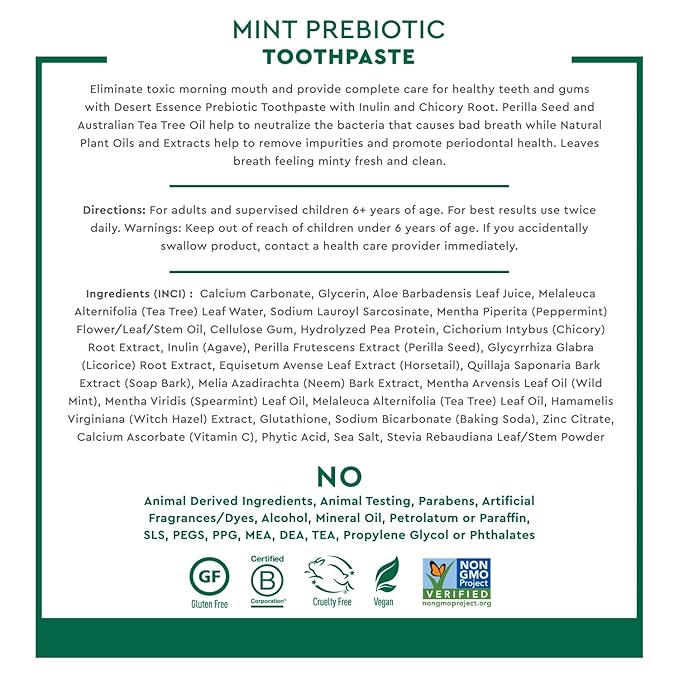 Desert Essence Prebiotic Plant-Based Whitening Toothpaste - Mint - Oral Care with Inulin, Perilla Seed & Aloe - Vegan, Fluoride Free, Non-GMO, Gluten-Free, Cruelty-Free - 6.25 oz