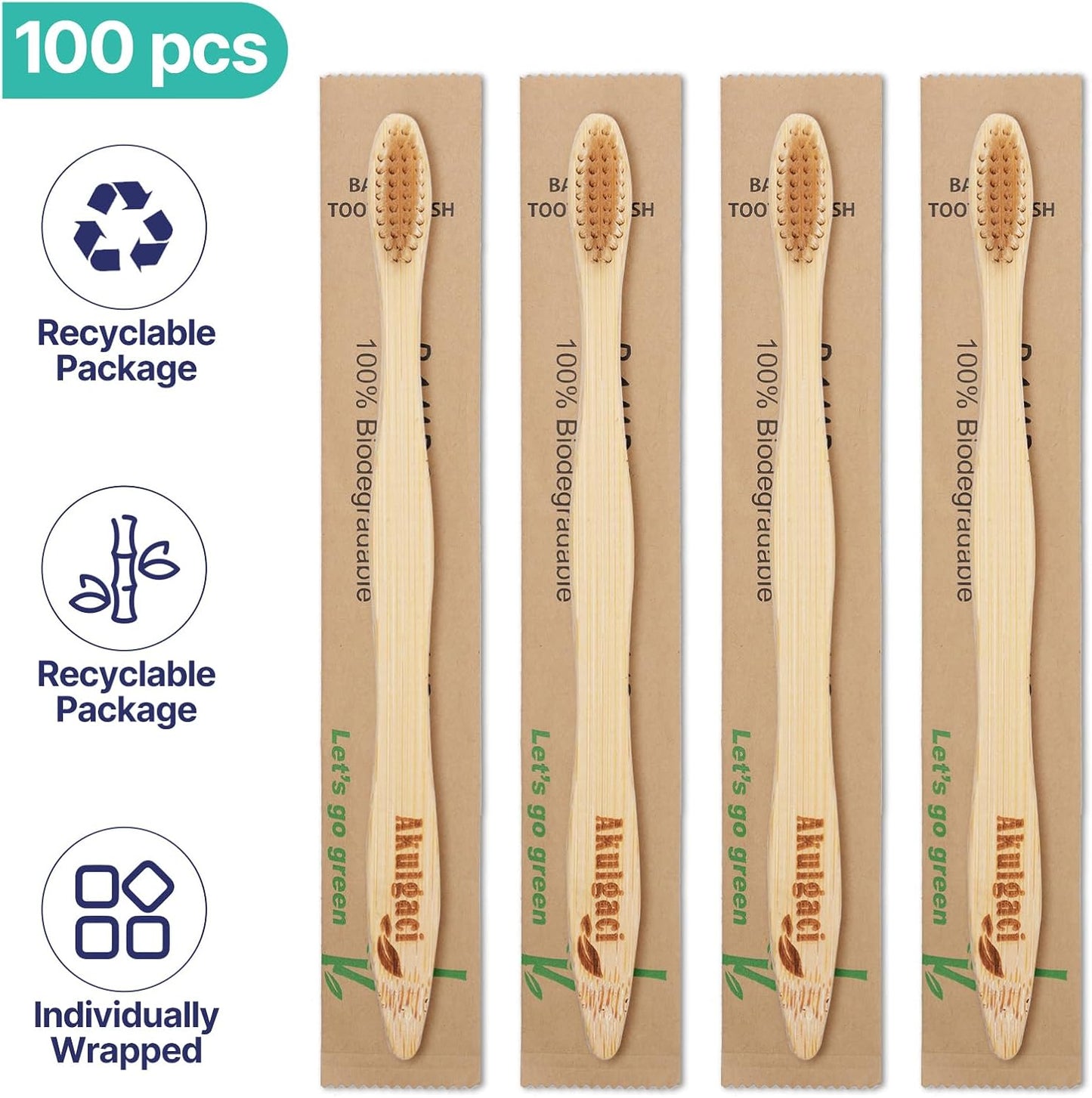 100 Pack Bamboo Toothbrushes for Adults, Biodegradable Soft Bristles Toothbrushes, Eco-Friendly Natural Reusable Wooden Toothbrush in Bulk for Camping Trips Hotel Travel