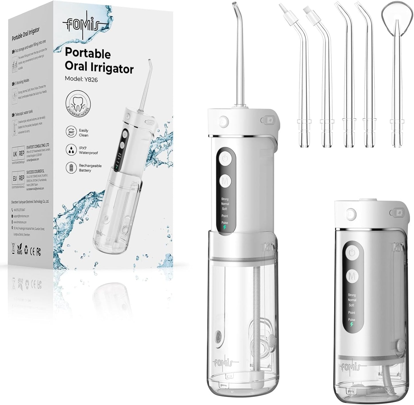 Portable Water Flosser for Teeth Travel – FOMIS Mini Water Flosser with 5 Mode, 5 Nozzles, 180ML Collapsible Tank, Smart Timer, IPX7 Waterproof Cordless Oral Irrigator for Brace & Sensitive (White)