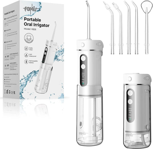 Portable Water Flosser for Teeth Travel – FOMIS Mini Water Flosser with 5 Mode, 5 Nozzles, 180ML Collapsible Tank, Smart Timer, IPX7 Waterproof Cordless Oral Irrigator for Brace & Sensitive (White)
