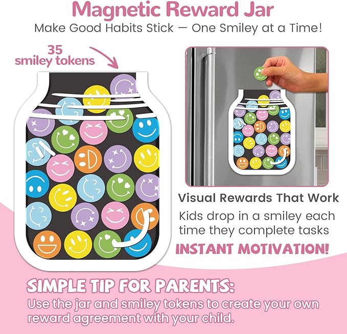 JJPRO Magnetic Daily Checklist for Kids with Smiley Faces Reward Jar- 10" x5.5“ Home Chore Chart for Fridge,Daily to Do List Board for Toddlers,Magnetic Reward Jar Positive Behavior Training -Pink