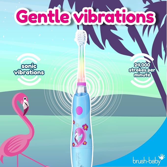 brush-baby - KidzSonic Flamingo Kids Electric Toothbrush for Ages 3+ with Disco LED Lights, Gentle Sonic Vibrations, 2-Minute Smart Timer & 30‑Second Pulse Reminders – AAA Battery Included