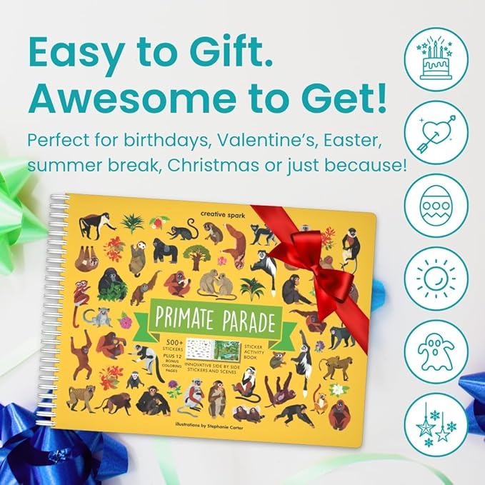 Cupkin Monkey Animal Sticker Book Activity for Kids, Toddler Airplane Travel Essentials, 500+ Animal Stickers for Kids + 12 Scenes + 12 Coloring Book Pages, Monkey Gift, Crafts Ages 2-8