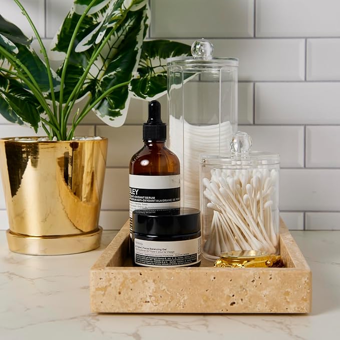 Marble Vanity Tray Italy Natural Travertine Stone Decorative Tray for Perfume, Cosmetic and Kitchen Organization, Coffee Table Display Beige