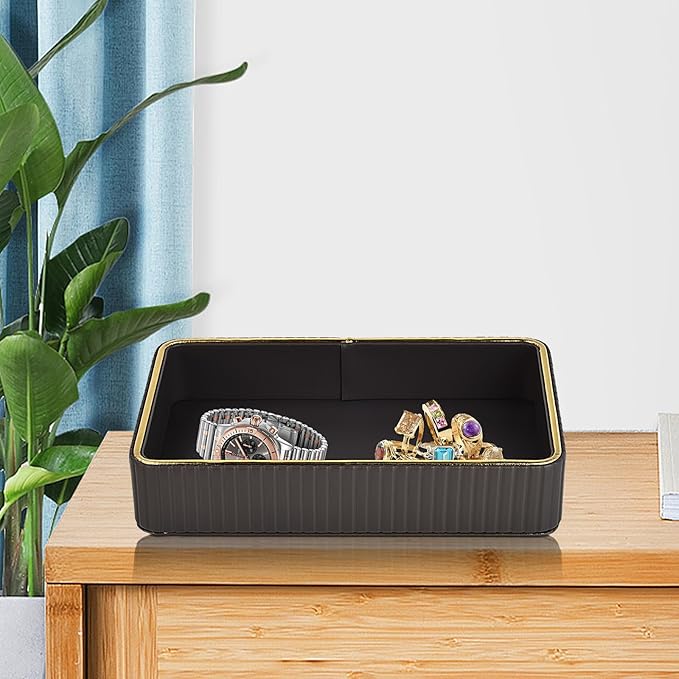 PU Leather Valet Tray,Desk Organizer Tray Nightstand Organizer Trinket Dish Storage Key Bowl Decorative Trays for Phone Wallet Jewelry Watch,Bathroom Bedroom Perfume Vanity Trays,Grey