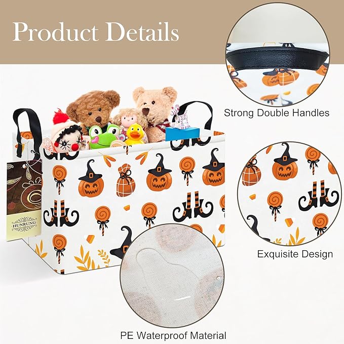 HUNRUNG Rectangle Storage Basket Cute Canvas Organizer Bin for Pet/Children Toys, Books, Clothes Perfect for Rooms/Playroom(REC-Candy Pumpkin)