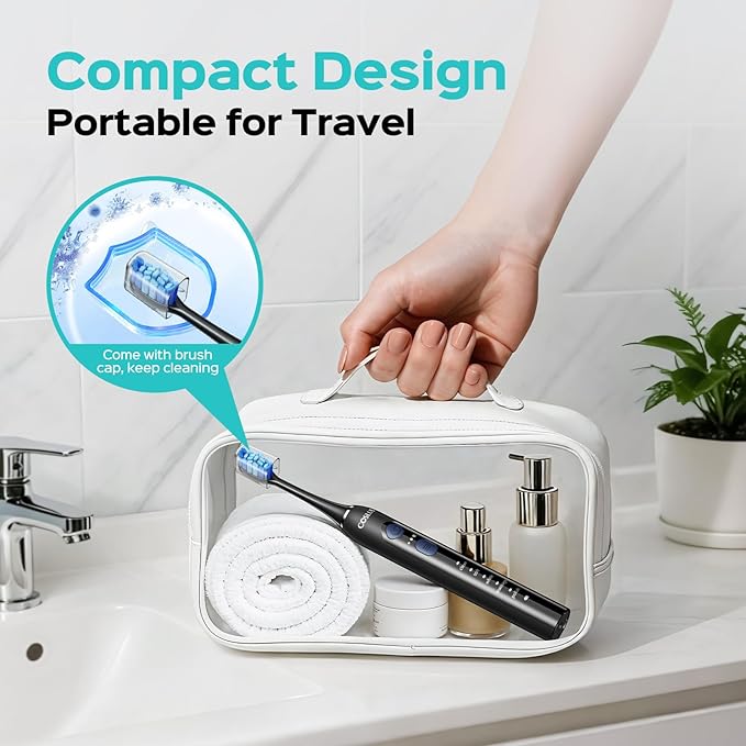 COSLUS Sonic Electric Toothbrush for Adults: 3 Intensities & 5 Modes Gum-Friendly for Deep Cleaning & Whitening - 2 Types of Heads for Family, Sensitive Teeth, Braces, Travel & Home Use, Black