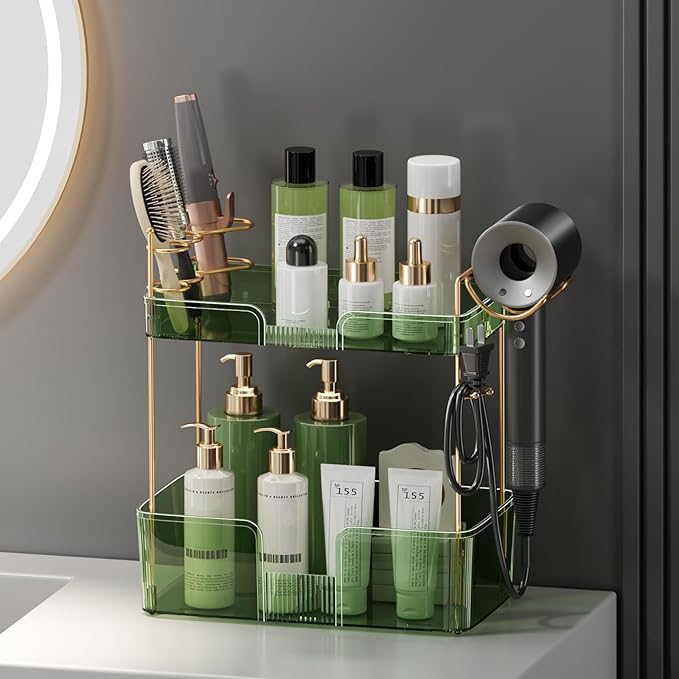 2 Tier Bathroom Counter Organizer with Hair Dryer Holder, Modern Style, Countertop Mount, 2 Shelves, Green