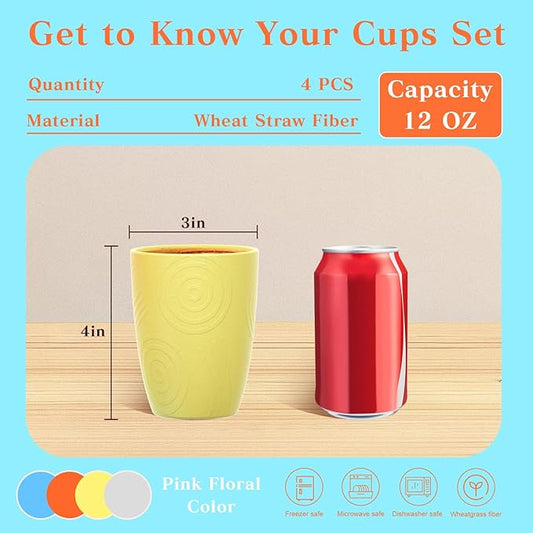 Homienly Kids Cups Premium Wheat Straw Cups Set of 4, Reusable Cups, Unbreakable Drinking Cup 12 OZ, Dishwasher and Microwave safe, Tumbler for Juice, Drinks, Milk - Beach Color