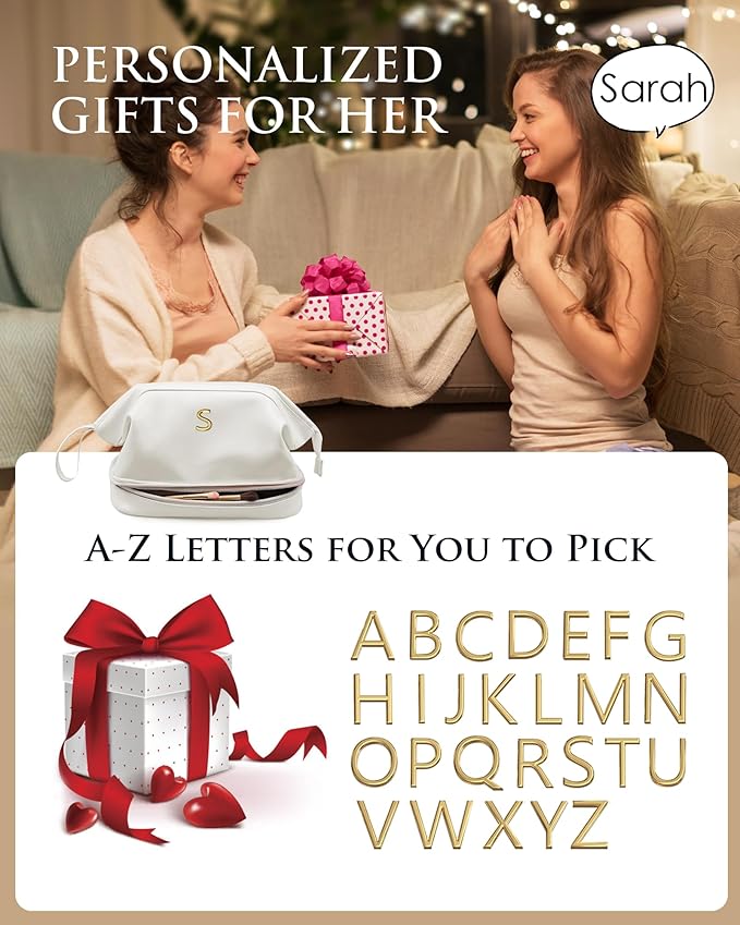 Monogrammed Gift for Women Girls, Initial Makeup Bag, Personalized Double Layer Cosmetic Bag with Makeup Brush Organizer, Large Capacity PU Leather Travel Toiletry Bag, Sister Gifts