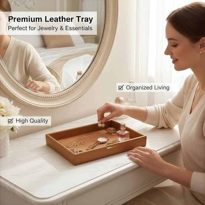 Vanity Organizer Tray for Bathroom Bedroom Dresser, Leather Valet Tray for Nightstand, Decorative Tray for Watch Jewelry Perfume Phone Storage (Brown)