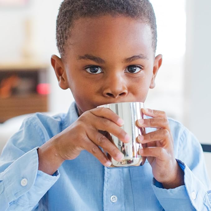 Ahimsa Stainless Steel Kids Cups, Pediatrician Designed, Premium Polished Toddler Cups for Open Cup Training, 8oz, 100% BPA Free & Dishwasher Safe, Classic Silver, Set of 4