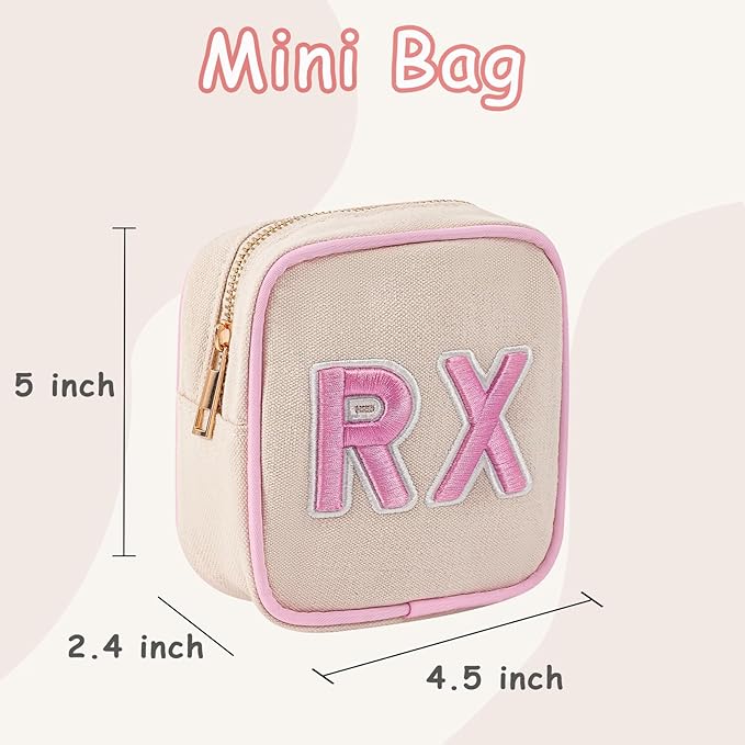 Small Canvas Rx Medicine Packages, Cute Chenille Letter Patch Drug Makeup Bag with Metal Zipper, Mini Travel First Aid Purse Organizer Machine Washable (04Light-Pink)