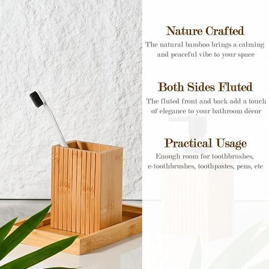 2 Pack Natural Bamboo Toothbrush Holder, Fluted Square Design for Countertop, Multipurpose Pen Holder or Desktop Organizer, Natural