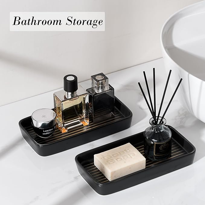 Bathroom Vanity Tray for Countertop,2PC Rectangle Striped Tray,Decorative Bathroom Organizer for Scrubber, Lotion Bottles, Perfume, Jewelry, Candle, Key Trinket Ring(Small,Black)