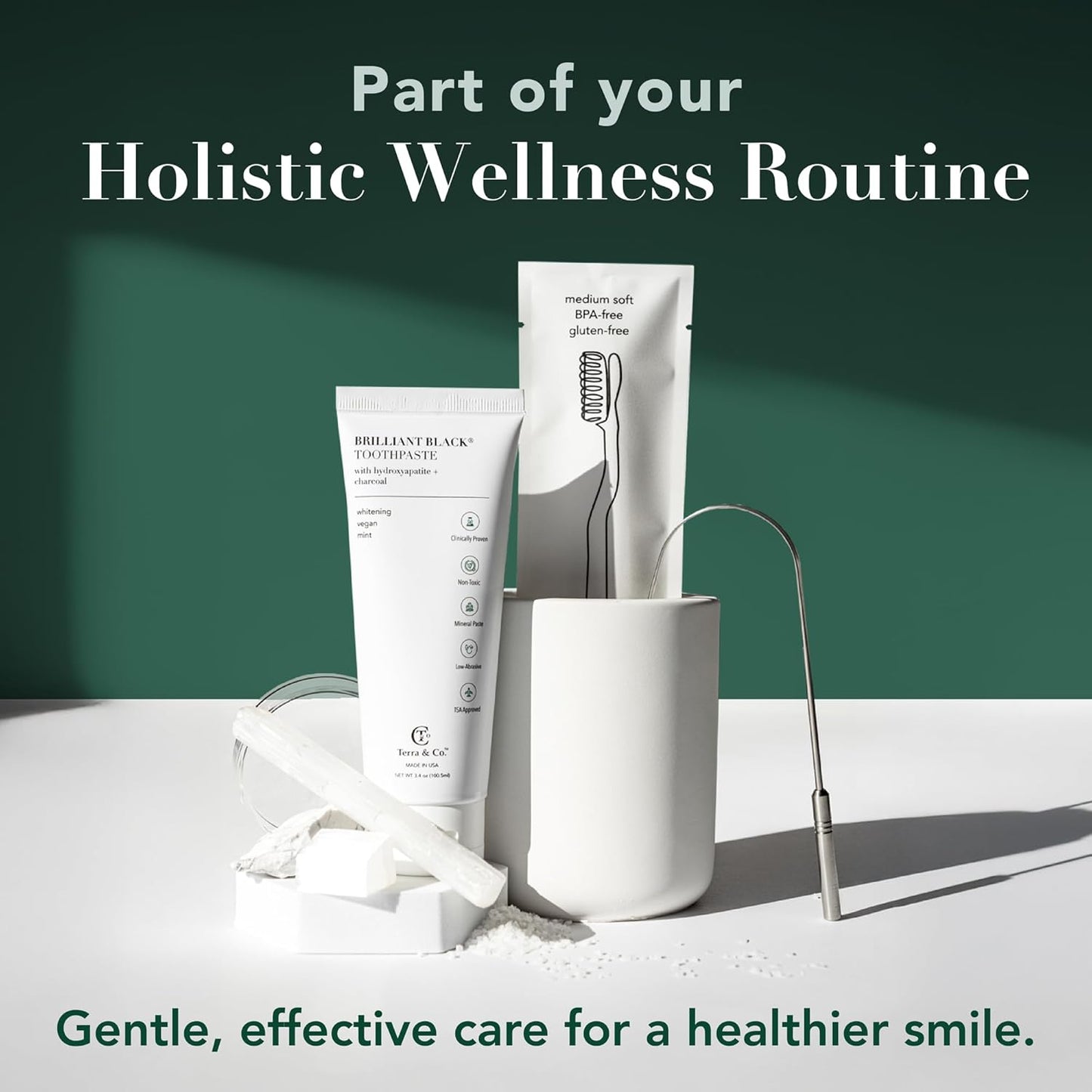 Terra & Co. Brilliant Black Hydroxyapatite Toothpaste for Whitening Teeth – USA-Made - Natural Remineralizing Toothpaste, Fluoride-Free, Vegan, SLS-Free, Low Abrasion – Mint, 3.4 oz