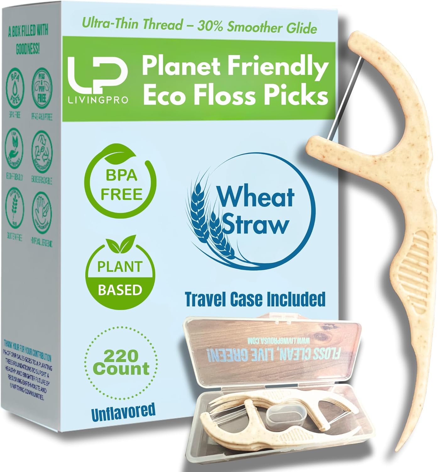 Plant Based Floss Picks(220pcs) with Travel Case- Planet-Friendly Thin Single Thread Dental Picks, Shred-Resistant- Easy Glide for Plaque Removal & Gentle on Gum -Oral Care for Adults & Kids