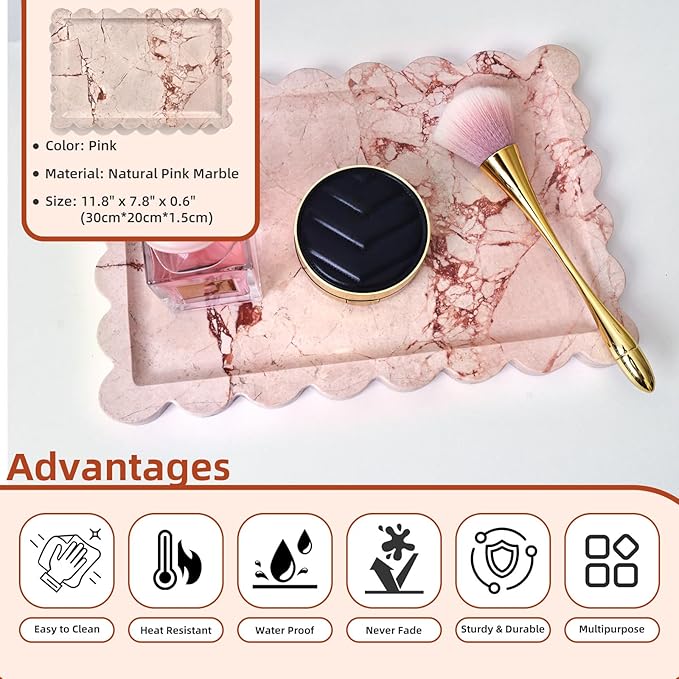 Yew & Tulip Natural Marble Vanity Tray with Scalloped Rim, Nature Rose Pink Luxury Stone Serving Tray for Bathroom, Kitchen, Vanity, Home Decor, Wedding etc. (12"x 8" x 0.6")