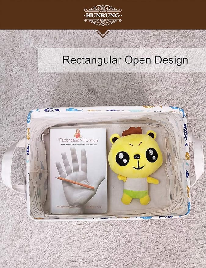 HUNRUNG Rectangle Storage Basket Cute Canvas Organizer Bin for Pet/Children Toys, Books, Clothes Perfect for Rooms/Playroom(rectangle-fish)