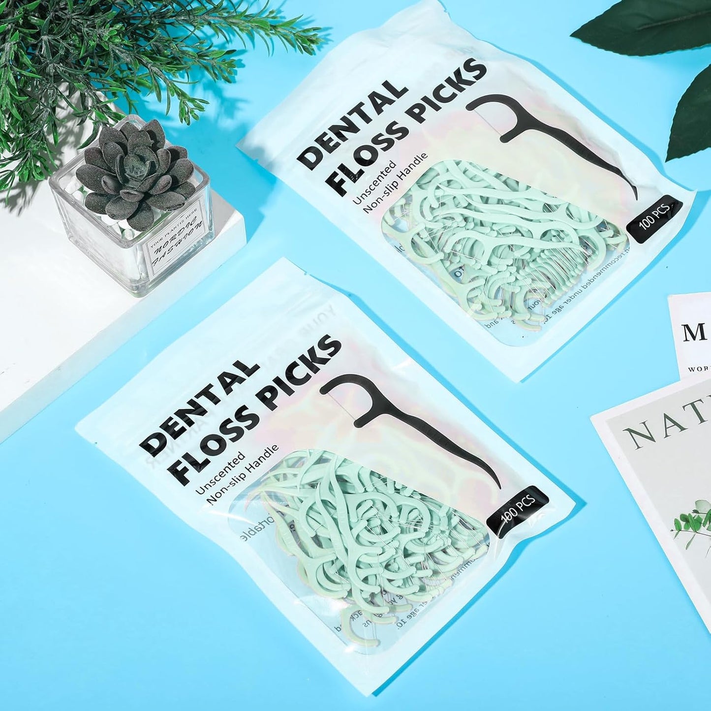 Baderke 200 Count Floss Picks Bulk Non Breakable Tooth Picks Flosser Dental Floss Sticks for Adults Teeth Cleaning Dental Flossers for Family Pack Travel(Light Green)